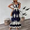 2025 European and American V-neck Waist-Cinching Summer Print Long Dress for Women