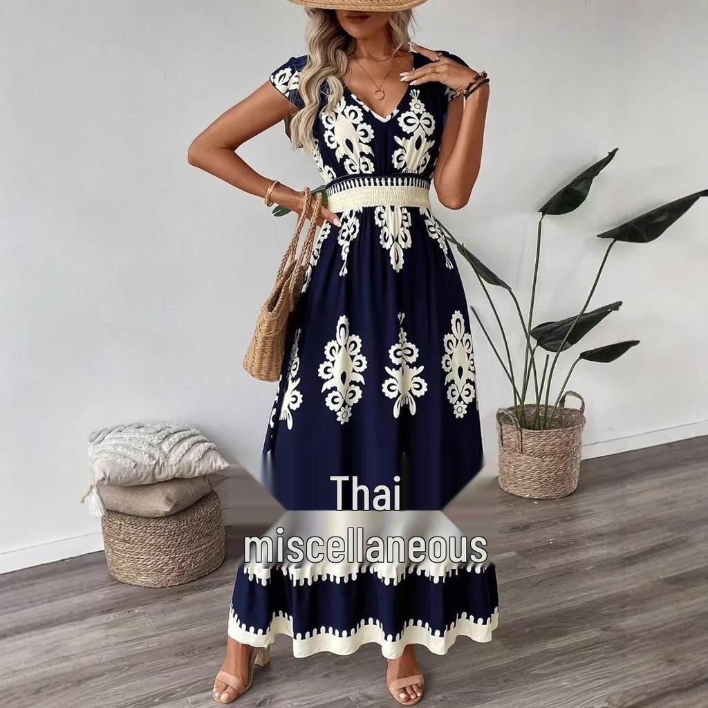 2025 European and American V-neck Waist-Cinching Summer Print Long Dress for Women