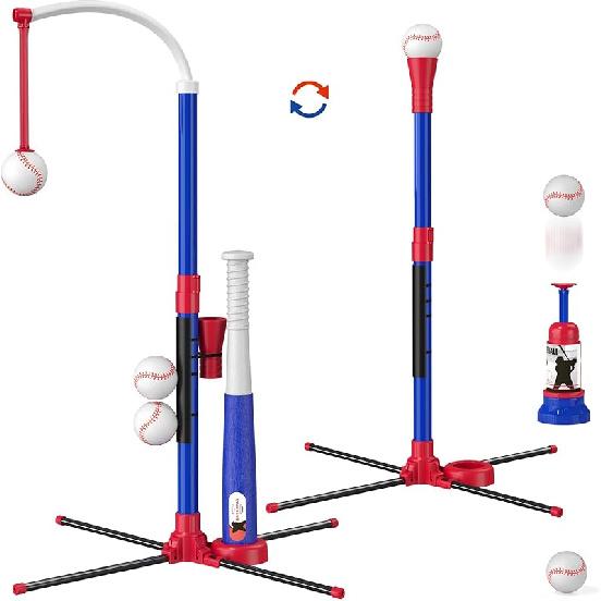 3-in-1 Baseball Set for Kids 3-5 - Tee Ball Stand, Hanging Tee, Ball Launcher and 6 Softballs - Adjustable Height, Indoor/Outdoor Sport Gifts for