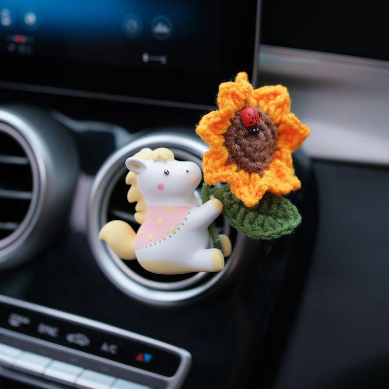 Year of the Horse New Year Fortune Horse Figurine Car Air Freshener Car Vent Decoration Car Interior Accessories Aroma Diffuser Stone Gift Sunflower Pink Clothes Yellow Mane Pony Air Outlet