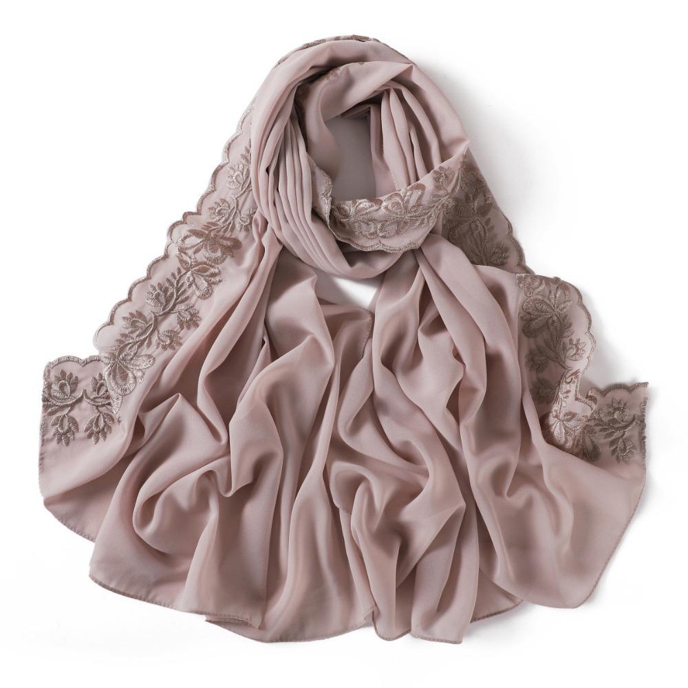 

Versatile Elegant Women Hijab Thin Embroidered Edging Embroider Scarf Breathable Chiffon Headscarf Shawl Women Headwear телесный