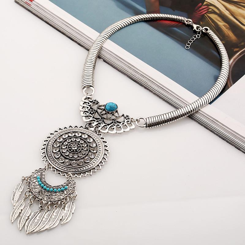 Vintage Geometric Alloy Necklace With Gemstone Leaf Tassel For Women