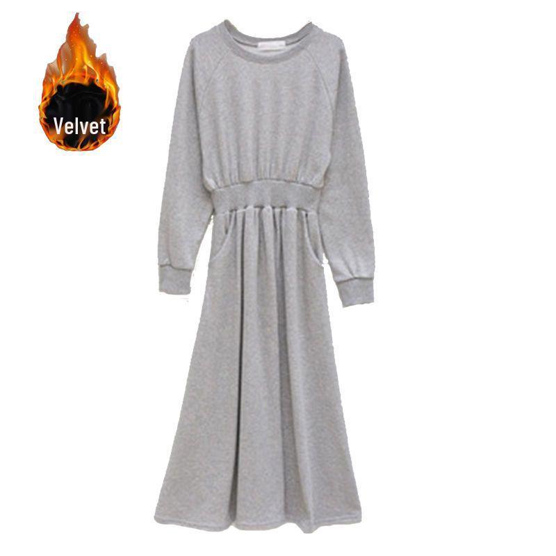 Plus Size Women's Autumn/Winter Plush Hooded Dress with Waist-Cinch, Ankle-Length, Slimming Fit