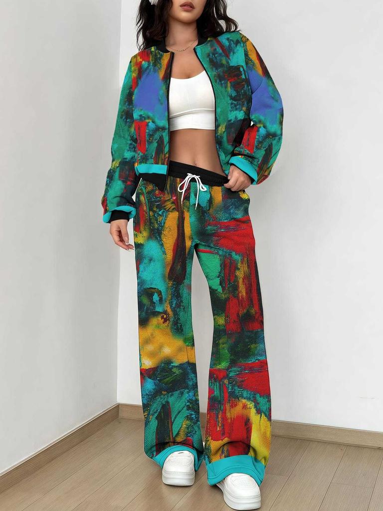 Simple Popular Autumn and Winter New European and American Women's Clothing Yellow-green Camouflage Printing Suit Women