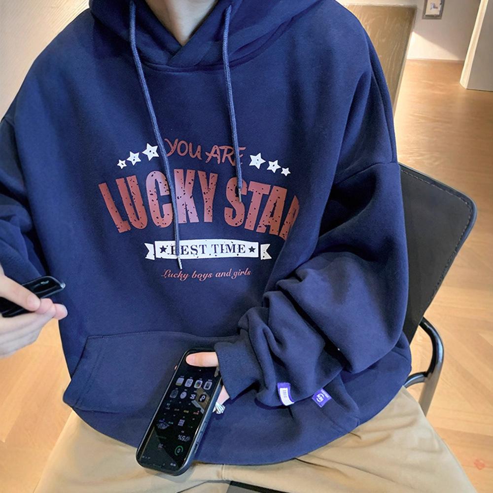 

Hooded American Retro Trendy Brand Autumn and Winter Velvet Thickened Boys Jacket High Quality Durable Construction Practical Daily Use M тёмно-синий