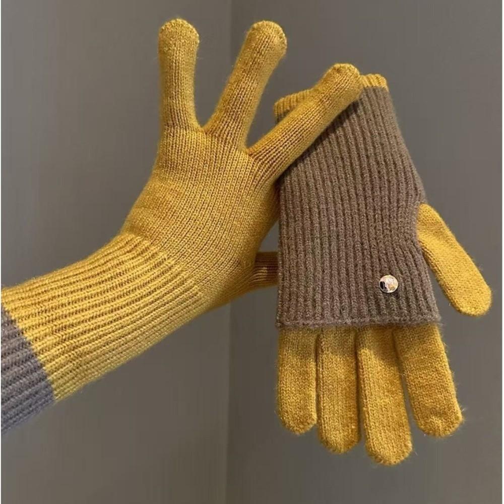 Patchwork Design Knit Gloves Maillard Earth Tone Open Finger Gloves for Students