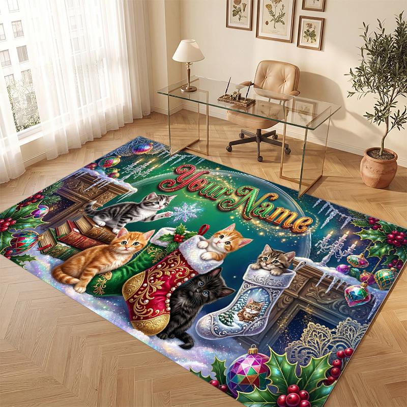 Christmas Theme Soft Crystal Velvet Rug Custom Name & Text Print Non Slip Floor Rug for Bedroom Living Room