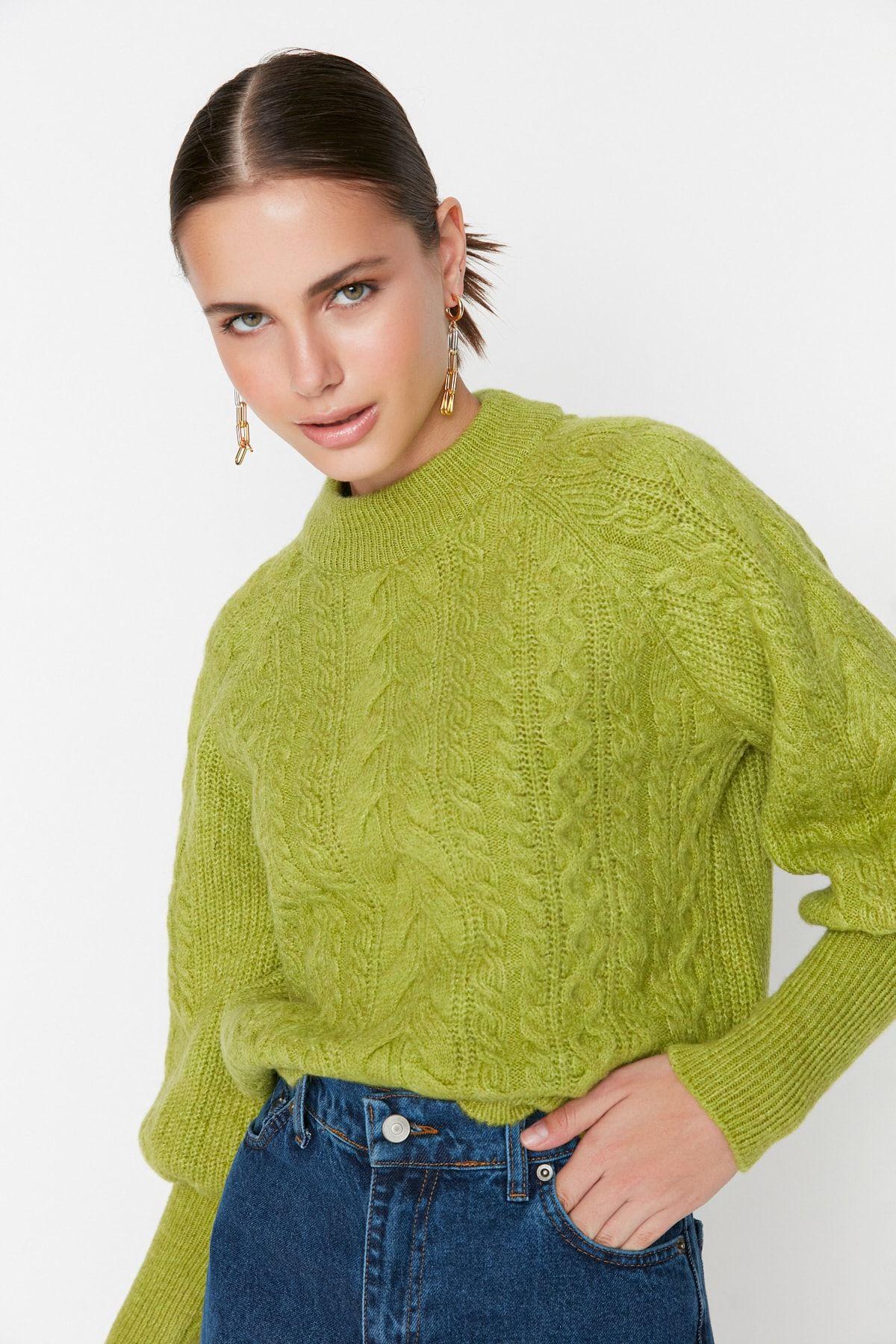 

Women s Elegance Style Sweater Green Soft Textured Hair Braided Knitwear Sweater S