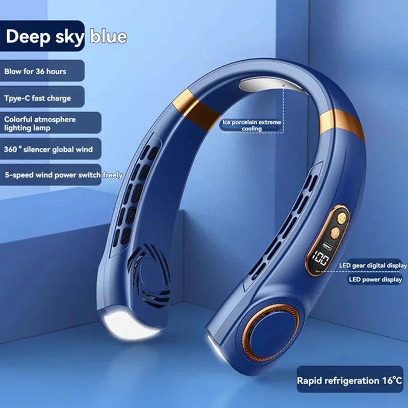 

2024 Новый портативный вентилятор для улицы Halterneck, USB, бесшумный, многолопастной, мини-электрический, подвесной вентилятор на шею, потолочный вентилятор с USB-подвесом синий