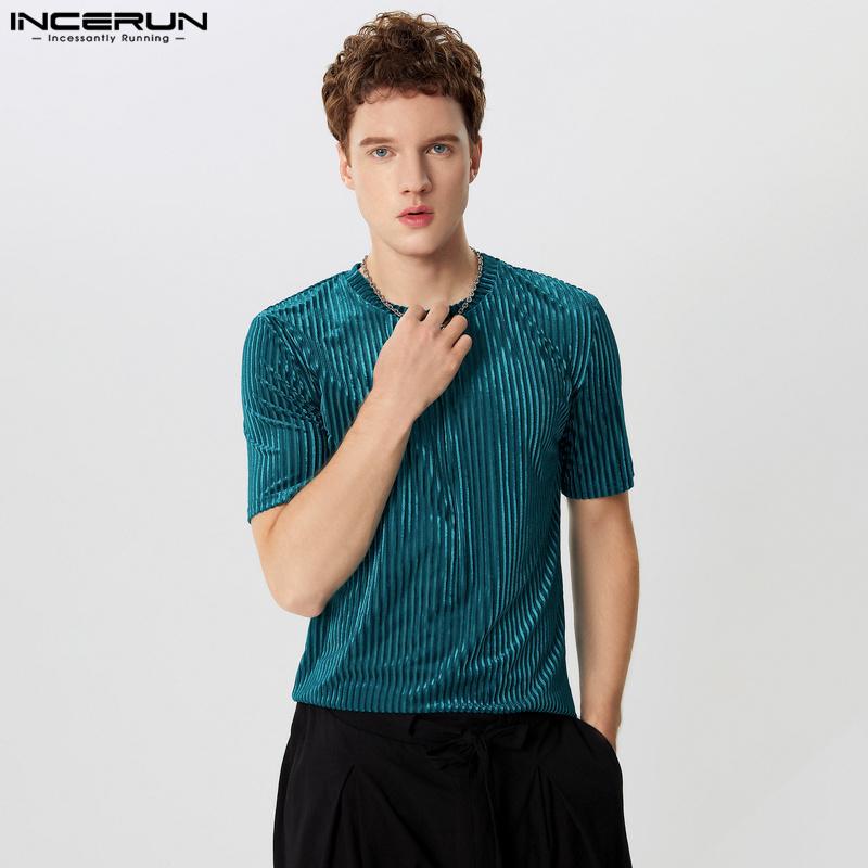 

INCERUN Летние мужские футболки с коротким рукавом и круглым вырезом, повседневные блестящие футболки 3XL синий