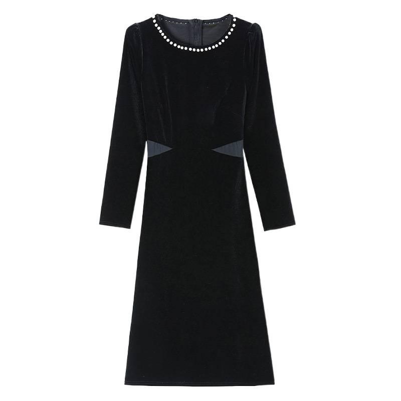 Velvet Hepburn Style Slim Black Formal Dress - Elegant Autumn/Winter Women's Long Dress