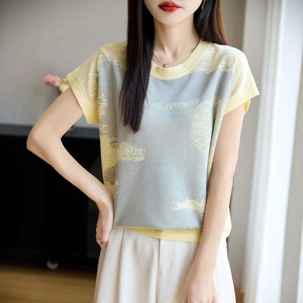 

Summer New Round Neck Knitted Sweater, Short-sleeved Women s Color-blocked Letter Jacquard Pullovers, Base Layer XXL сірий колір