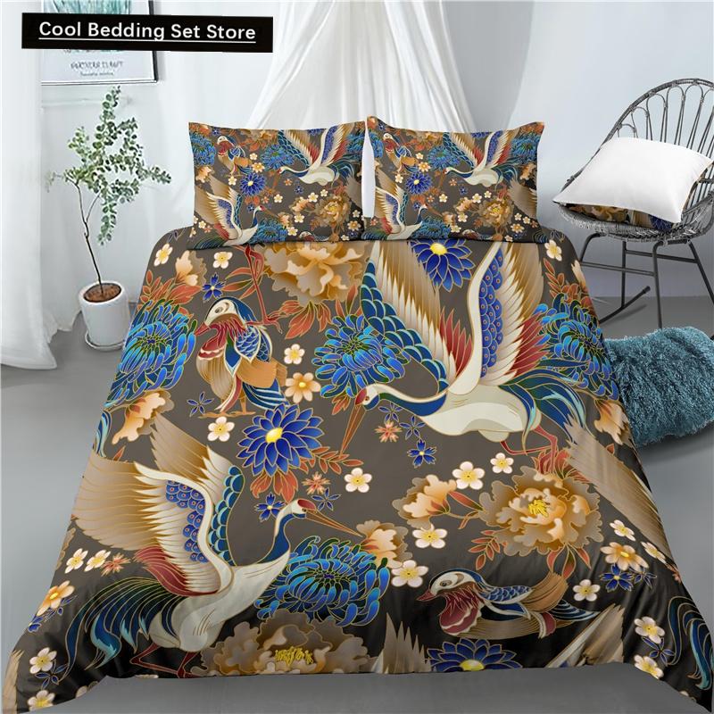 Kranich Gedrucktes Bettwäscheset 3D Rote Japanische Kirschblüten Bettbezug King Queen Größe Floral Wolke 2/3tlg. Polyester Steppdeckenbezug