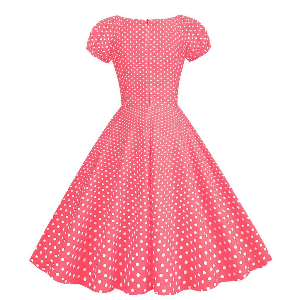 Women's - Retro Skirt With Bubble Short Sleeved Polka Dot Printed Large Skirt Hem Dress