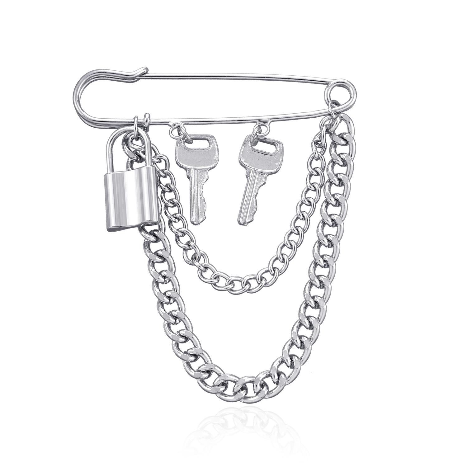 

European and American jewelry, multi-element fashion lock brooch cold wind pin men s and women s key brooch accessories