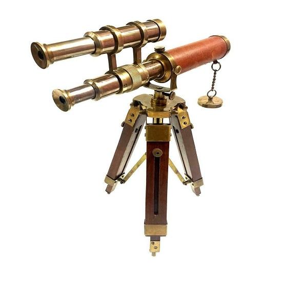 Marine Telescope Double Barrel Nautical Spotting Scope with Wooden Tripod Stand