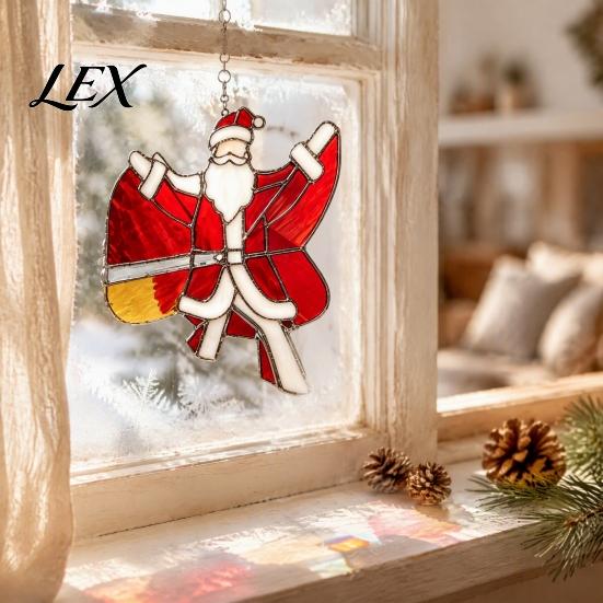 Xmas Decoration Accessories Christmas Snowman/Santa Claus/Deer Suncatcher, Stained Glass Style Pendant with Hanging Living Room Festive Decor