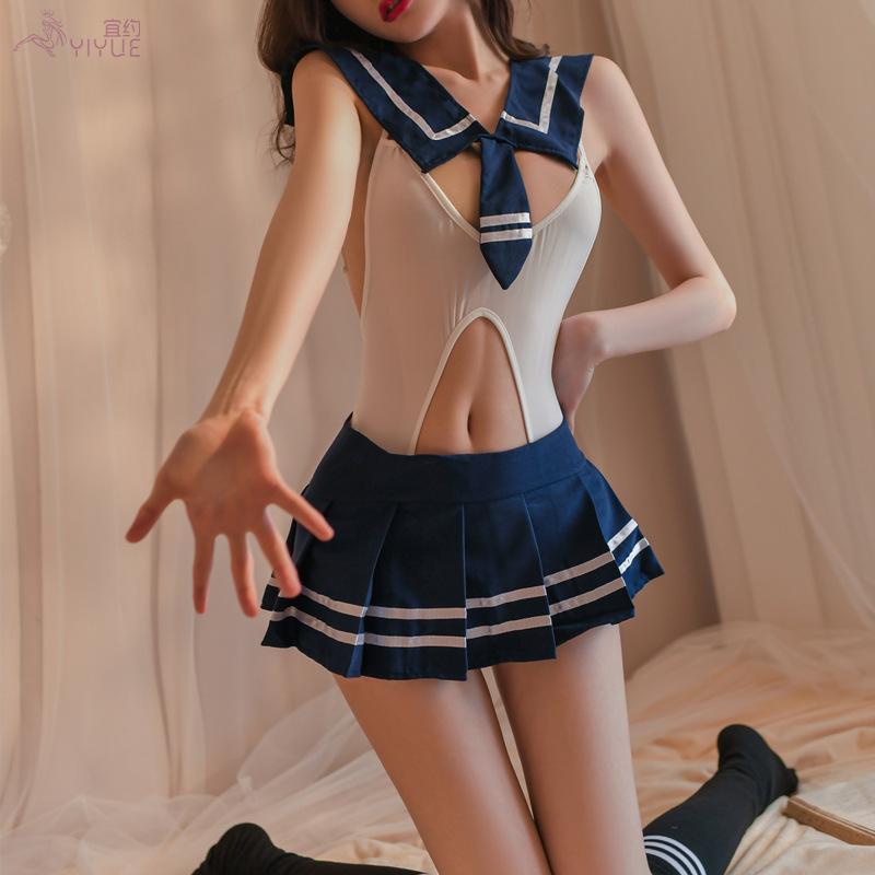  Erotic Underwear Sexy Student Dress Split Hot Open-cut Jumpsuit Passionate Openwork Uniform Set 8526