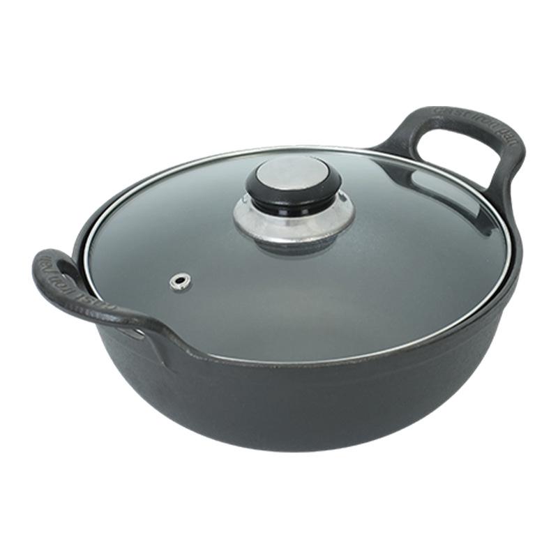 Förtjockad Gjutjärns Yuanbao Dubbelörad Gryta & Stekpanna: Non-stick, Obehandlad, Wok med platt botten för hushållsmatlagning