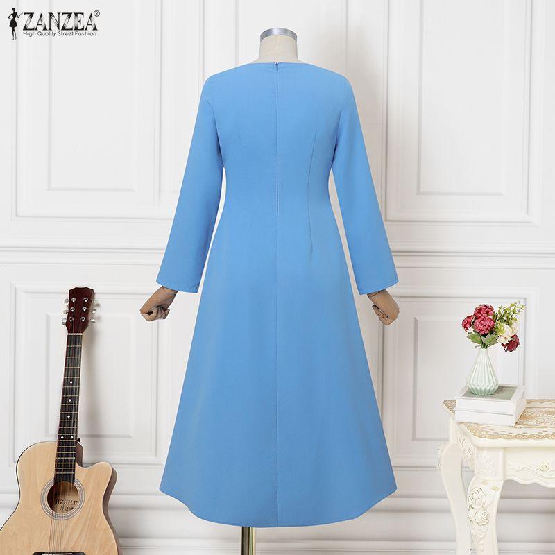 ZANZEA Women Casual Round Neck Solid Color Long Sleeve A-Line Dress