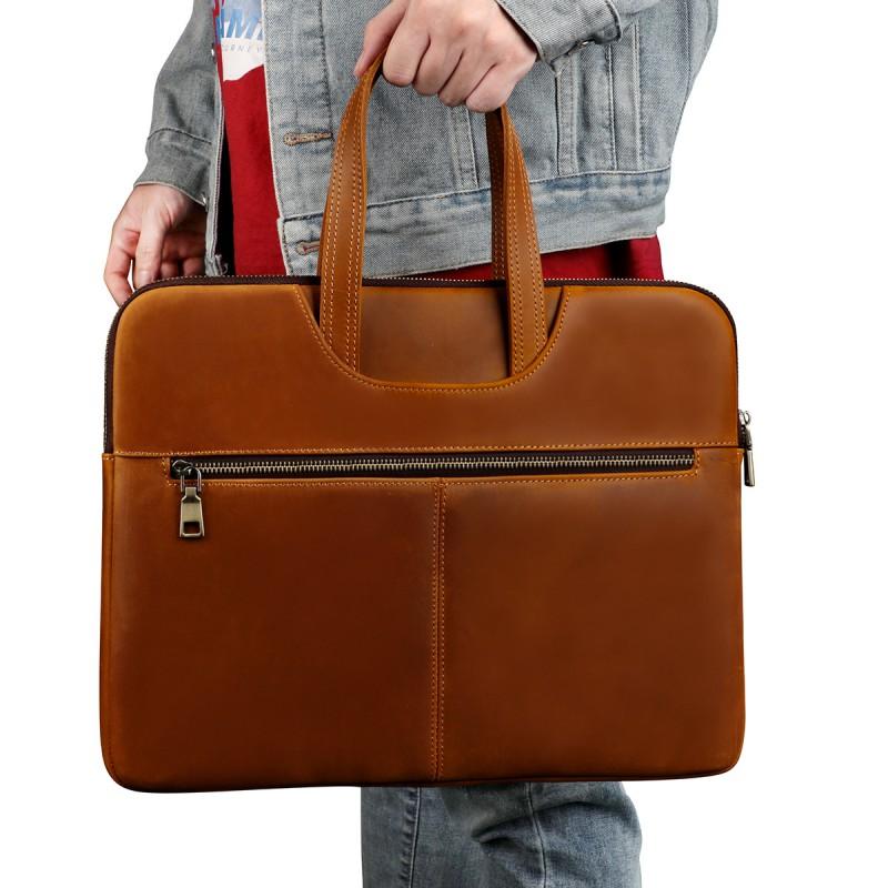 Genuine Crazy Horse Leather Laptop Sleeve MacBook Pro 15 Inch With Zipper Business Office Carry Case Unisex