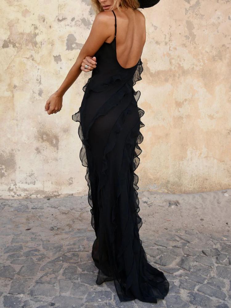 

Женское элегантное платье макси с глубоким v-образным вырезом, сексуальные оборки и открытой спиной, вечерние клубные платья, модный женский пляжный сарафан с разрезом, Vestidos XL чёрный