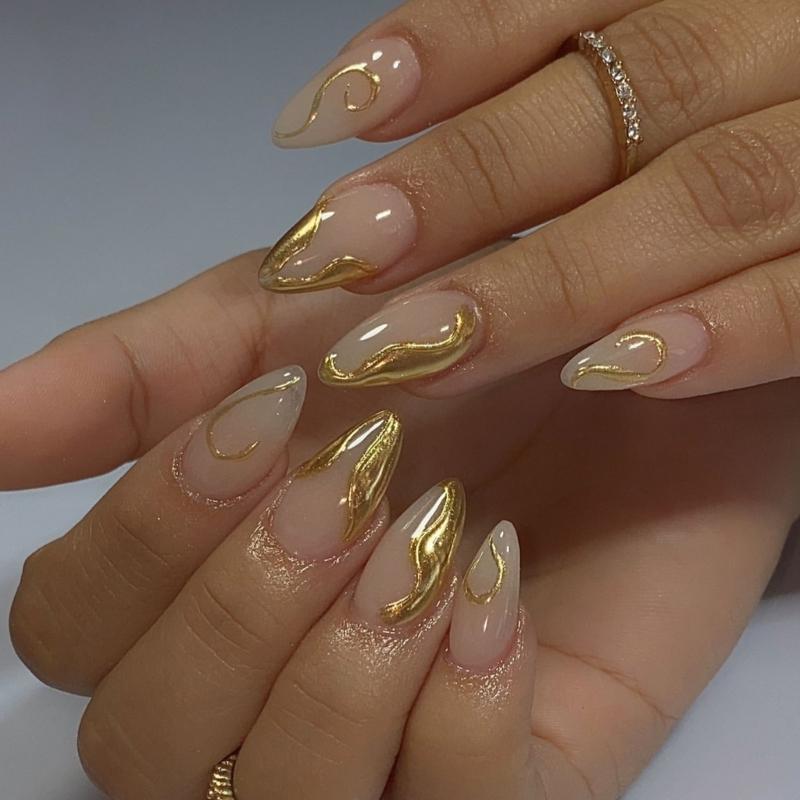 

French Tip Press on Nail Glossy False Nail Almond Artificial Nail with 3D Irregular Metal Line Designs Manicure 24Pcs 1