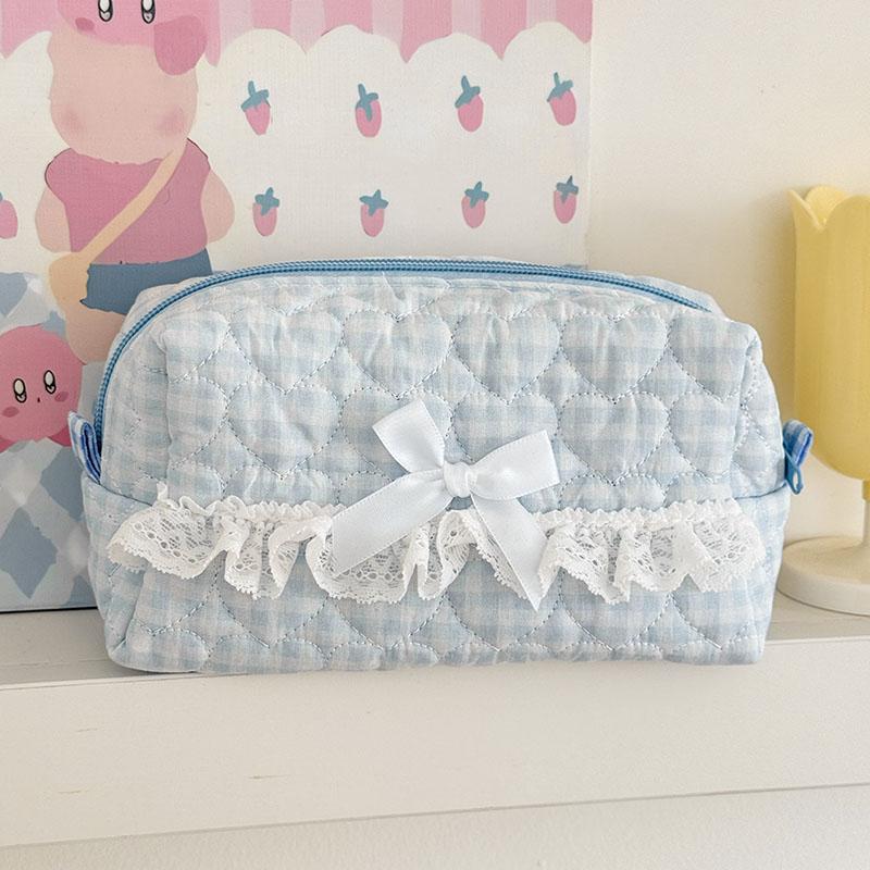 Women Love Plaid Lace Makeup Bags Case Kawaii Pink Cosmetic Brush Organizer Pouch for Women Cute Wash Toiletries Storage Bag