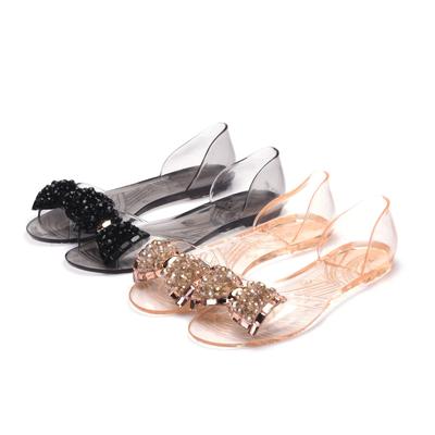 Damen Neue PVC Transparente Sandalen Sommer Flache Jelly Schuhe Glas Diamant Schleife Mode Schuhe Plastik Fischmaul Schuhe