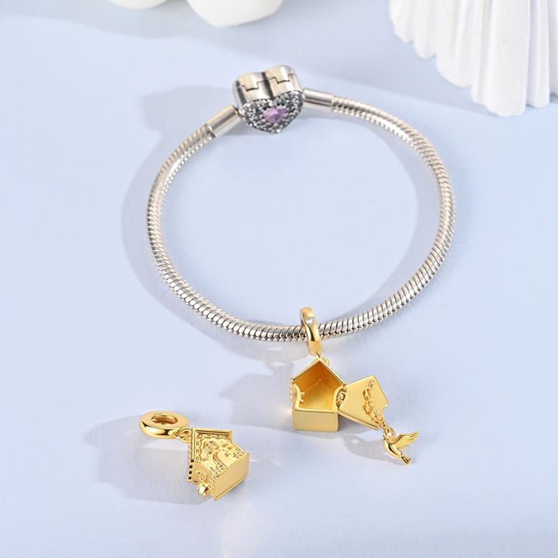 Copper Golden Bird House Alarm Clock Can Be Opened And Closed Charms Pendant Fit Handmade Bracelet Women Jewelry Gifts