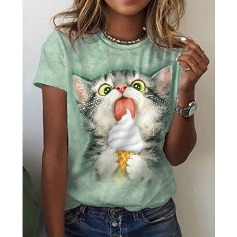 Summer Round Neck 3D Animal Print Top Fashionable Casual Short Sleeved Women's T-shirts