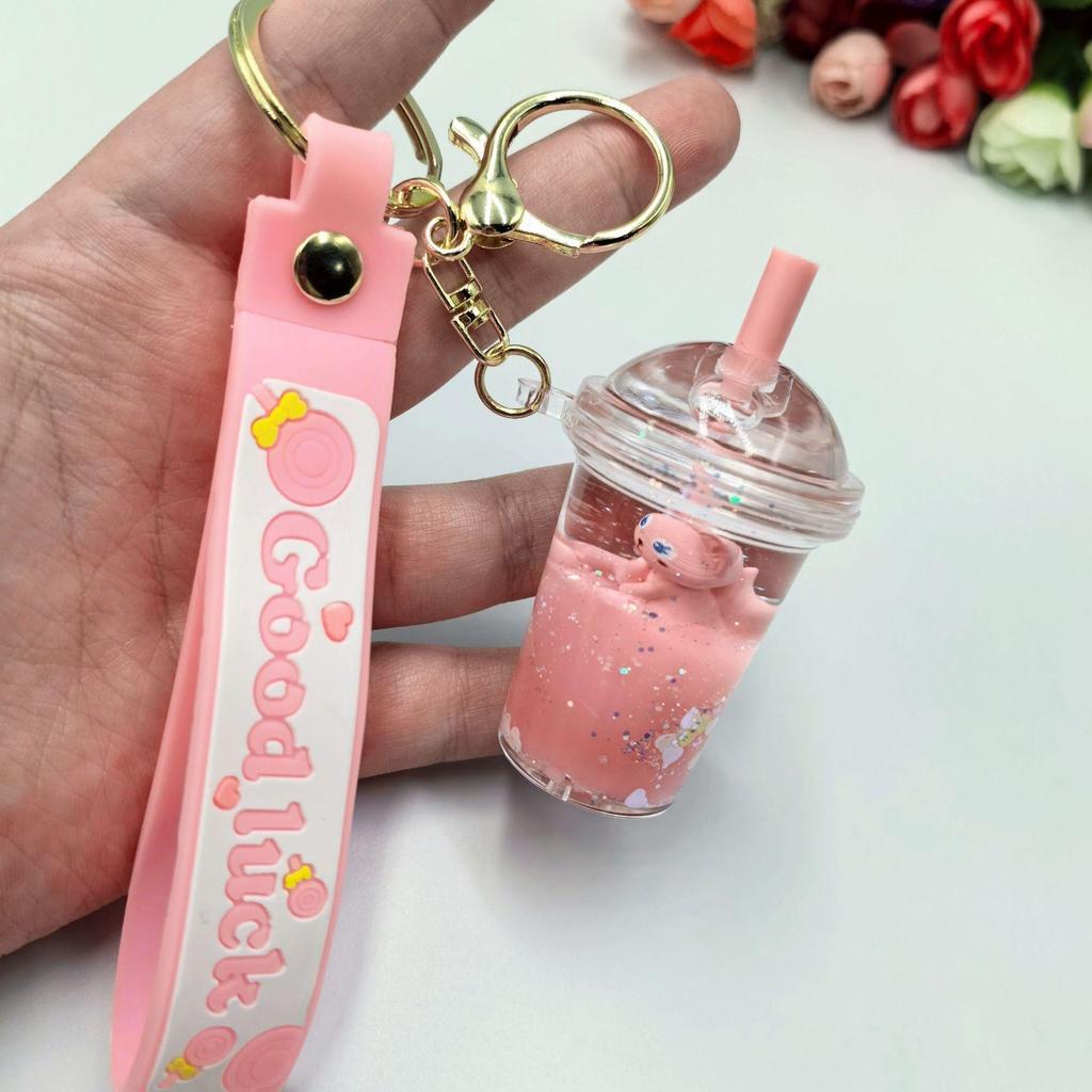 Exquisite Milk Tea Cup Keychain: Cute Oil-Filled Floating Charm for Bags or Claw Machine Gifts