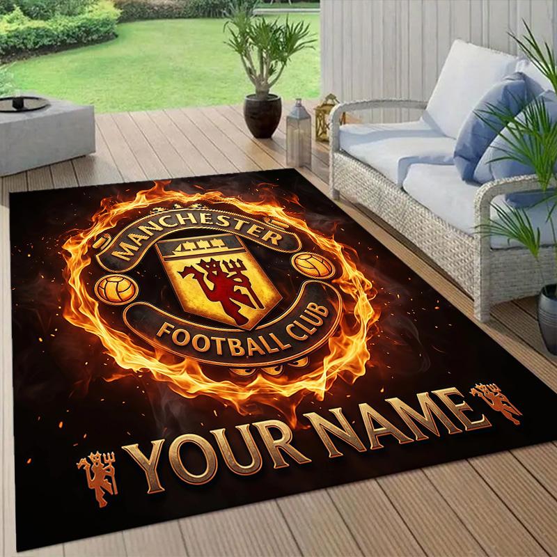 Custom Name Manchester United Flannel Pattern Square Carpet,Area Rug,Carpet Rug for Living Room Bedroom Sofa Playroom Decor,Non-slip Floor Mat