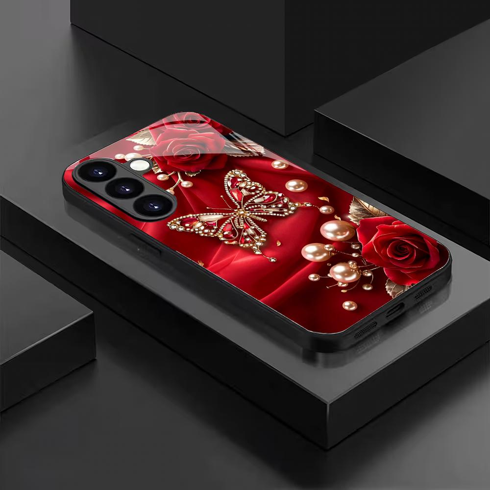 Butterfly Rose Black Glass Phone Case Suitable for Samsung Galaxy S26 S25 S24 S23 S22 S20 FE/Ultra/Plus Anti Drop Back Cover
