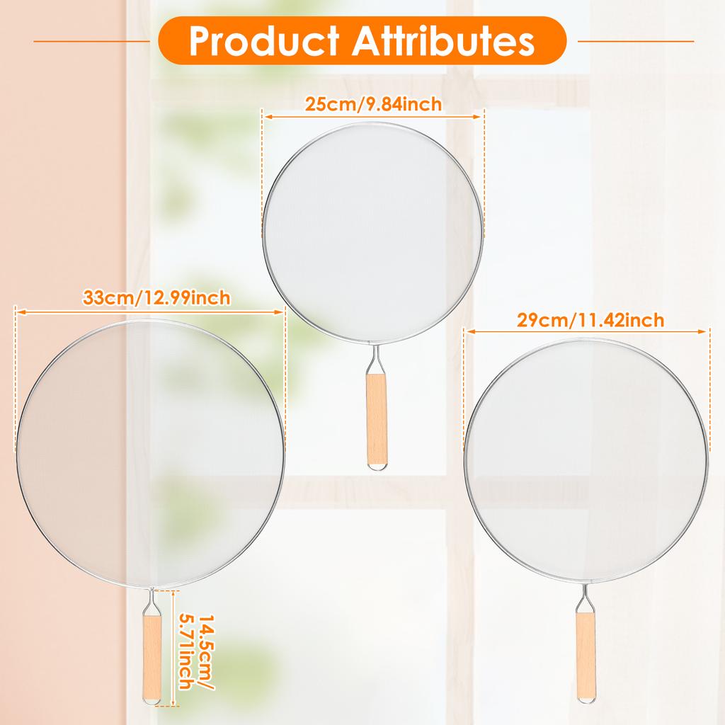 3 Stuks Spatdeksel voor Koekenpan Roestvrij Staal Spatbeschermer met Houten Handvat Fijne Gaas Olie Spatbeschermer Kookgerei