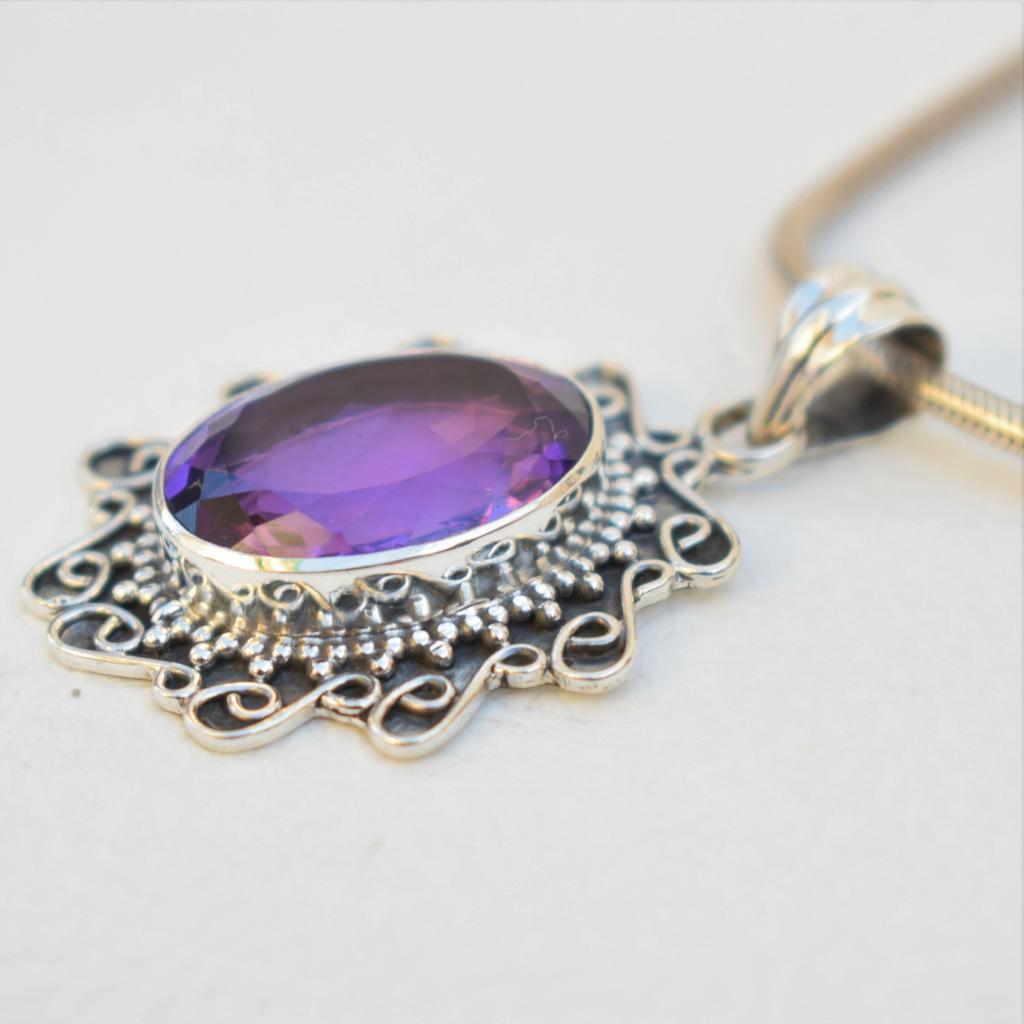 Natural Amethyst Pendant, Oval Designer Pendant, Boho Pendant, Anniversary Pendant, 925 Sterling Silver Handmade Pendant