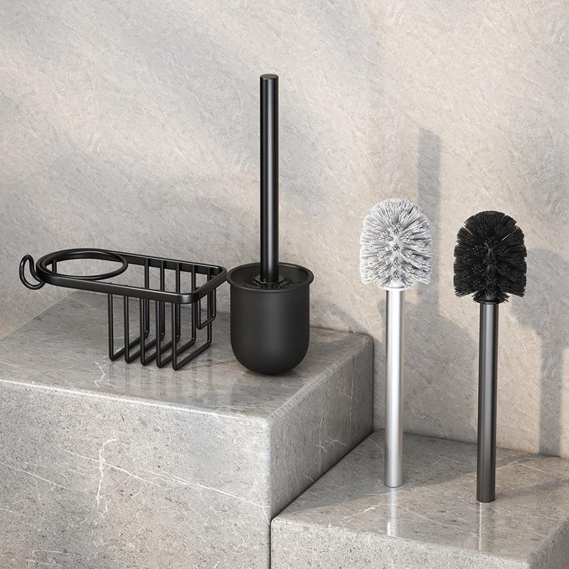 Space Aluminum Wall-Mounted Toilet Brush with No Dead Angle Design and Punch-Free Storage