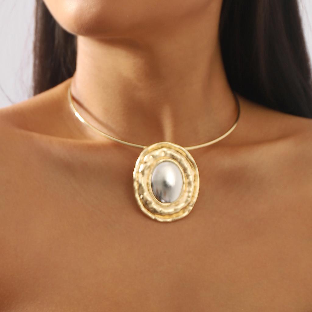 Tooxika Patchwork Oval Mirror Necklace Metal Colour Blocking Pendant Necklace Collar