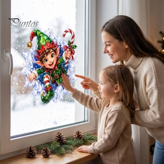 Self Adhesive Wall Stickers 3D Christmas Static Window Clings, Santa Snowman Reindeer Glass Stickers, Easy to Apply Graphics PVC Holiday Decals