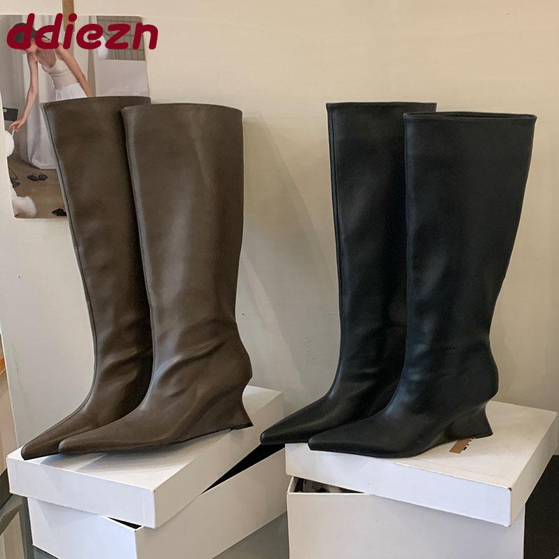 Fashion Footwear Slip On Women Knee High Boots Shoes Fashion Pointed Toe Party Modern Ladies Long Boots Female Wedges Shoes Pumps