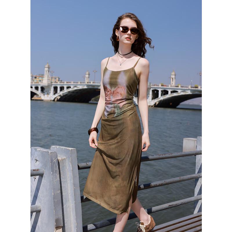 Sancai 2025 Summer Mesh Camisole Bowknot Print Slim Long Dress S 155/80A