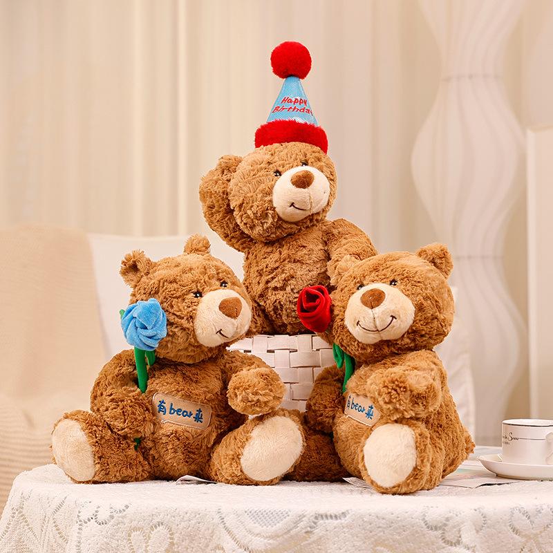 Birthday Hat Gift Bear Plush Toy, Teddy Bear Stuffed Animal, Cute Bedtime Cuddle Sleeping Bear Doll, Soft Comfort Toy for Girls