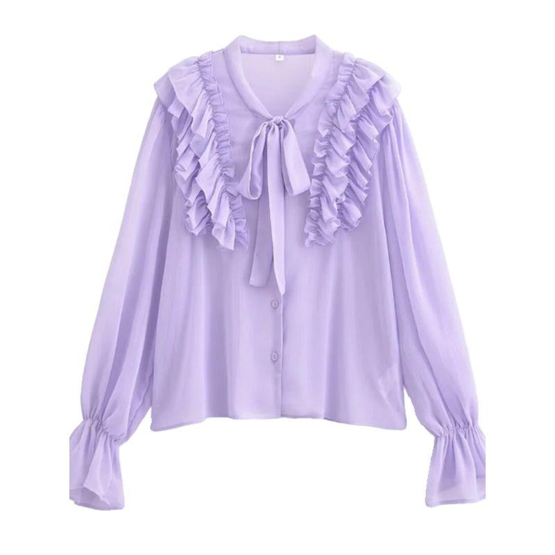 Kaslead New Arrival Women's Fashion Style Fashion Casual Easiest for Match Purple Ruffles Long Sleeves Shirt