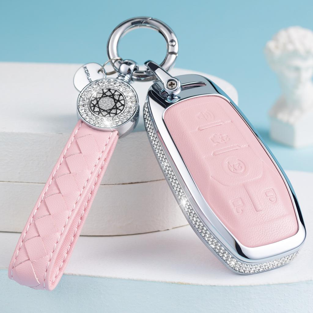Compatible with Ford Key Fob Cover with Keychain, Pink Genuine Leather Crystal Key Case Protection Shell for Ford Fusion Mustang
