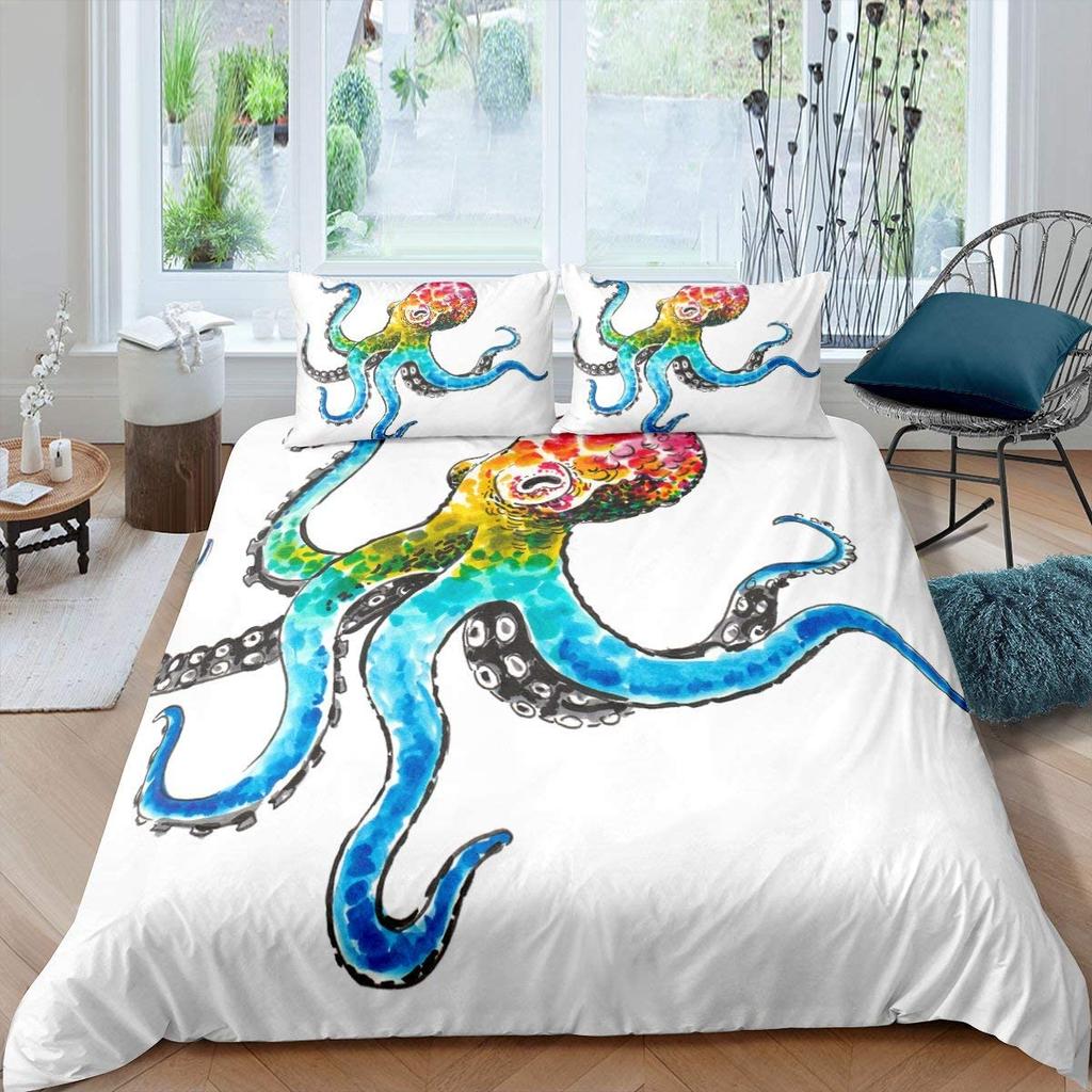 Oktopus Bettbezug-Set, Cartoon Oktopus Tentakel Polyester Bettdeckenbezug Einzelgröße, Meer Marine Bettwäsche-Set für Kind Jungen Mädchen