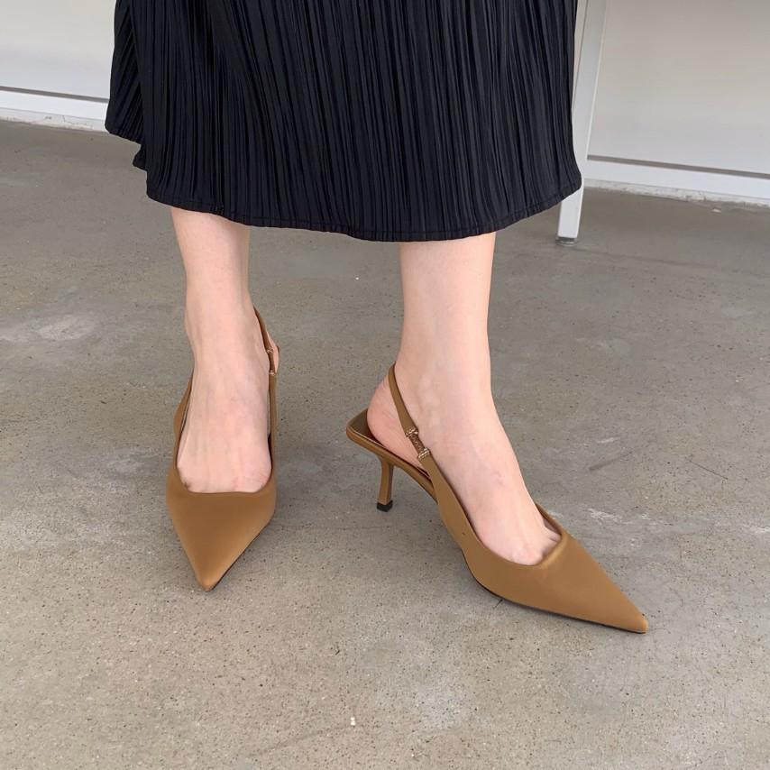 2025 spring new pointed thin heel middle heel single shoes empty bag head sandals high heels green women's shoes