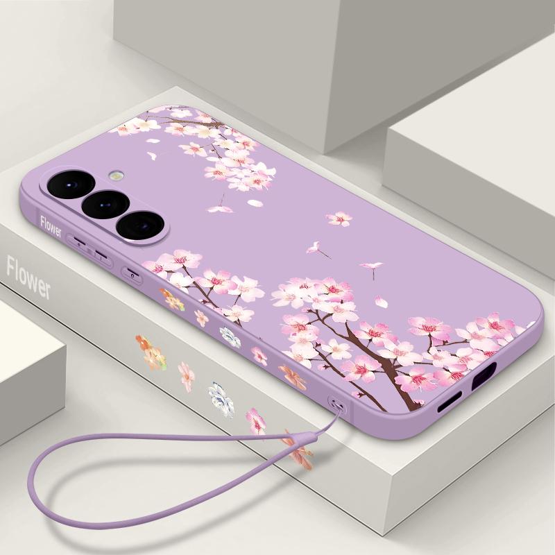 Peach Blossom Patterned Silicone Phone Case For Samsung Galaxy A17 A56 A36 A55 A16 A15 5G A35 A54 A26 A14 Soft TPU Lanyard Cover