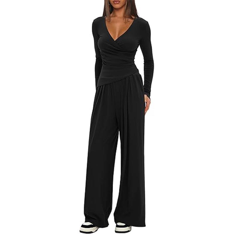 2-Piece Solid Color V-Neck Casual Set with Long Sleeve Top & Wide Leg Pants