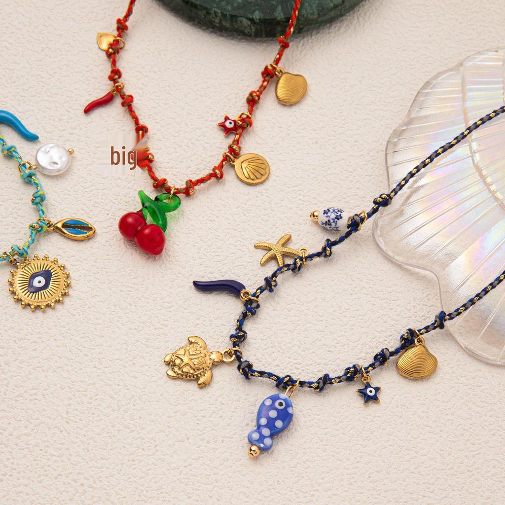 New Ocean Style Multi-Pendant Necklace: Titanium Steel with Colored Rope, Shell, & Sea Turtle Accents - Fashionable Jewelry for Women