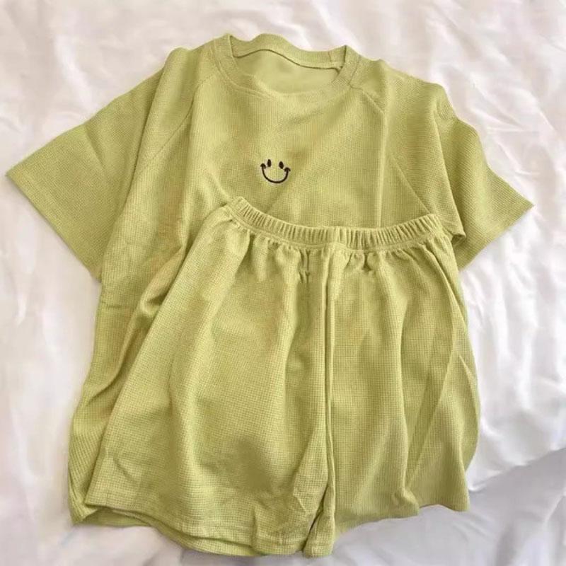 

2 шт./комплект женские пижамы женские вафельные летние шорты с короткими рукавами спортивная женская домашняя одежда студенческие пижамы осенний комплект дышащий X M зелёный